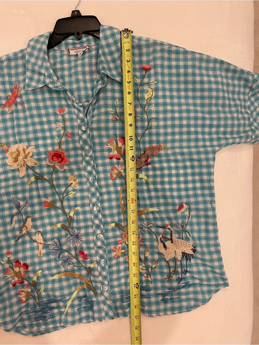 Johnny Was Turquoise Gingham Embroidered Button-Front Blouse , great condition! - Picture 7 of 16